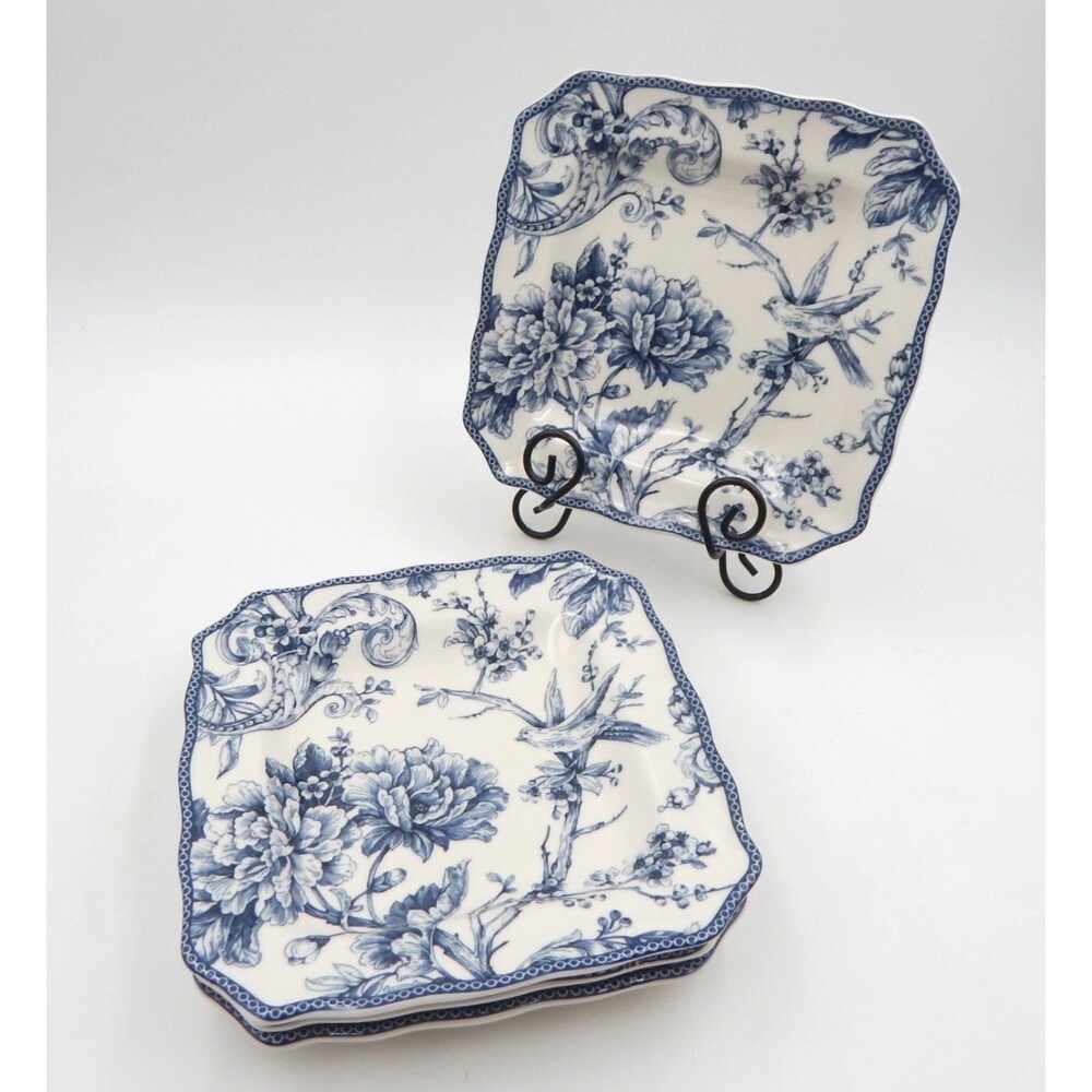 222 Fifth ADELAIDE Square Blue 8.5 Inch Salad Plate 4pc Toile Bird Floral Spring